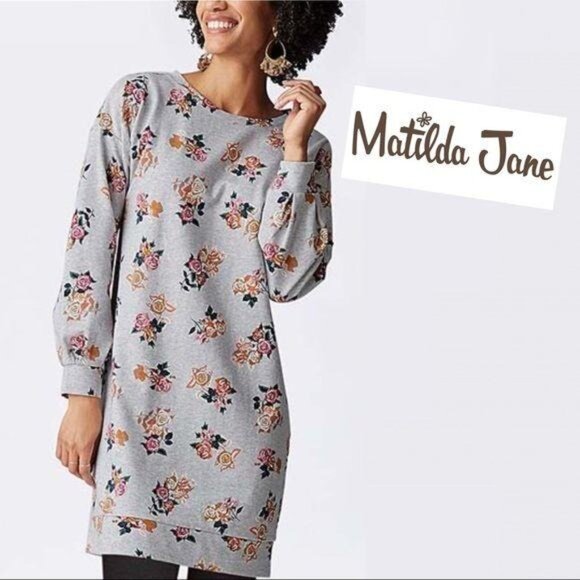 Matilda Jane Floral Sweatshirt XS Gray Mini Dress Sweater Perfectly Cozy Top - Picture 3 of 13